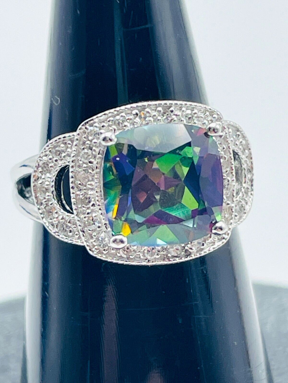 Mystic Topaz Gemstone Sterling Silver Ring Size 5 Crystal Halo Setting NVC 925
